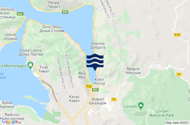 Mapa da tábua de marés em Kotor, Montenegro