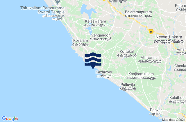 Mapa da tábua de marés em Kovalam, India