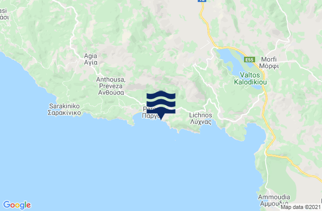 Mapa da tábua de marés em Krioneri (Parga), Greece