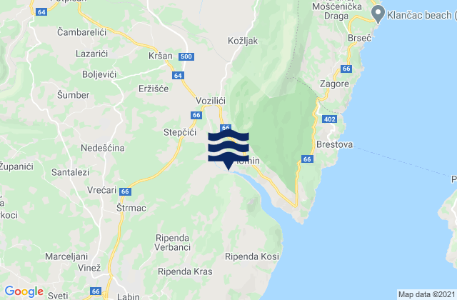 Mapa da tábua de marés em Kršan, Croatia