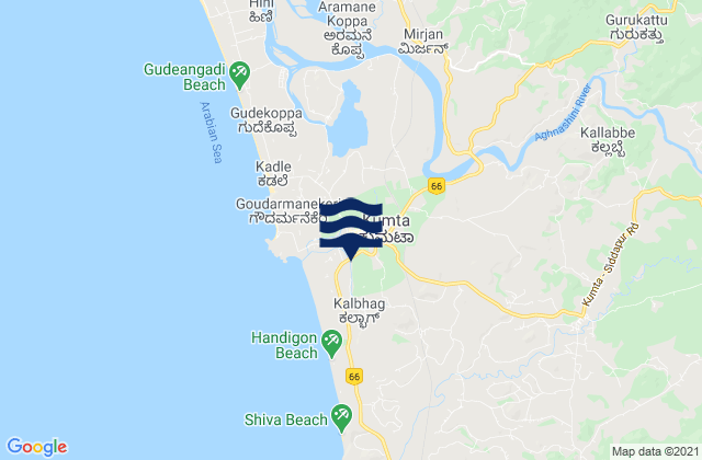 Mapa da tábua de marés em Kumta, India