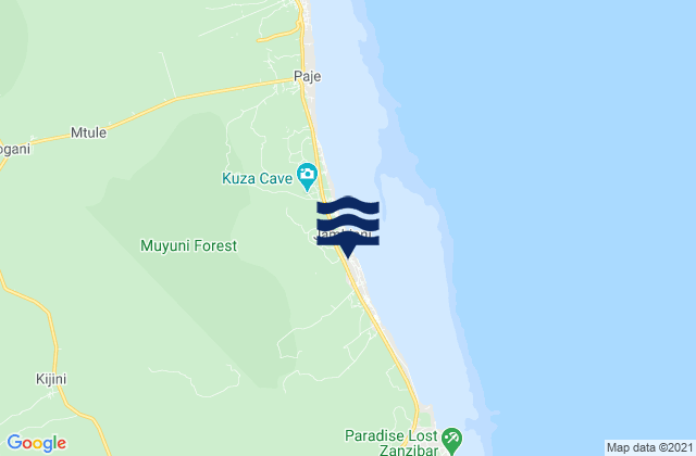 Mapa da tábua de marés em Kusini, Tanzania