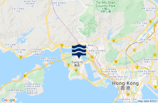 Mapa da tábua de marés em Kwai Tsing, Hong Kong