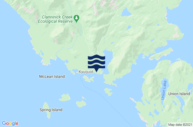 Mapa da tábua de marés em Kyuquot, Canada