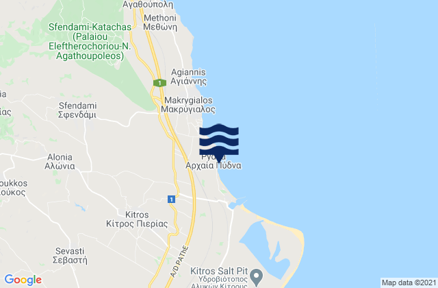 Mapa da tábua de marés em Kítros, Greece