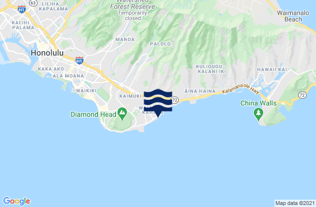 Mapa da tábua de marés em Kāhala Beach, United States