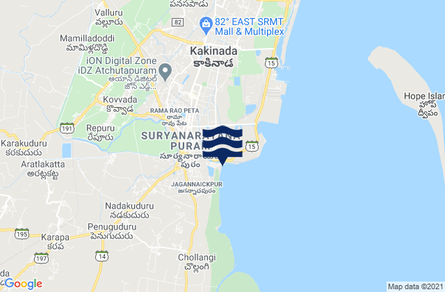 Mapa da tábua de marés em Kākināda, India