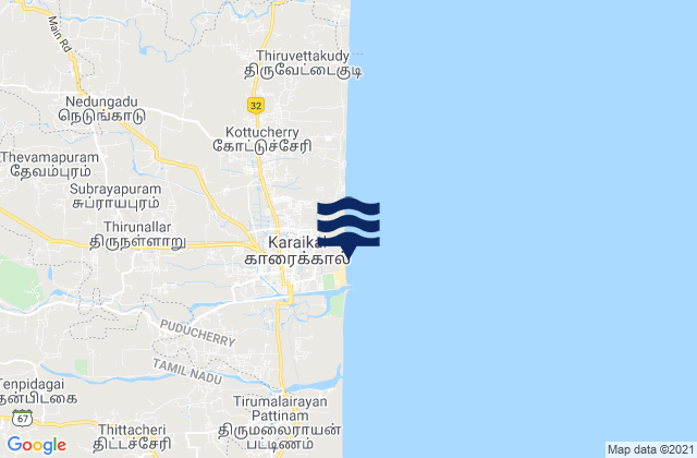 Mapa da tábua de marés em Kāraikāl, India