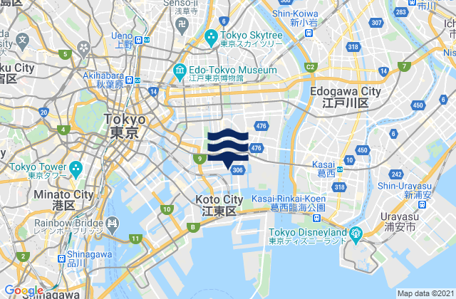 Mapa da tábua de marés em Kōtō-ku, Japan
