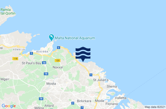 Mapa da tábua de marés em L-Iklin, Malta