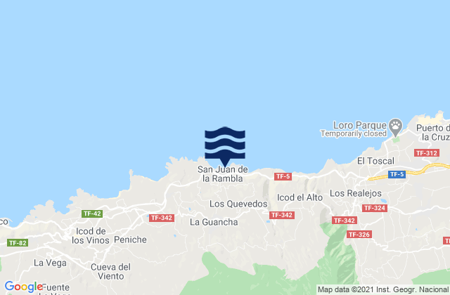 Mapa da tábua de marés em La Guancha, Spain