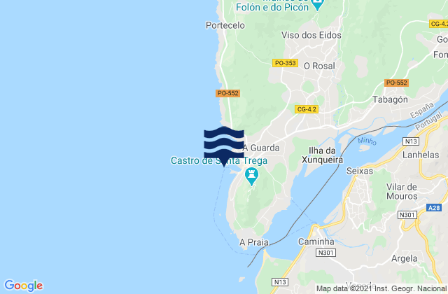 Mapa da tábua de marés em La Guardia, Portugal