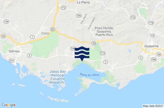 Mapa da tábua de marés em La Plena, Puerto Rico