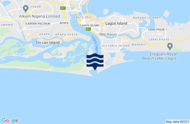 Mapa da tábua de marés em Lagos entrance, Nigeria