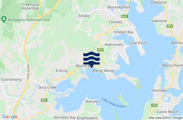 Mapa da tábua de marés em Lake Macquarie Shire, Australia