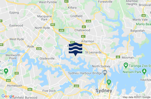 Mapa da tábua de marés em Lane Cove, Australia