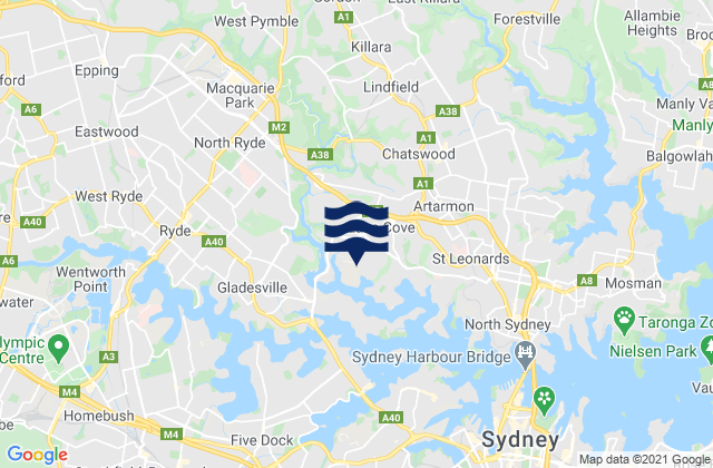 Mapa da tábua de marés em Lane Cove North, Australia