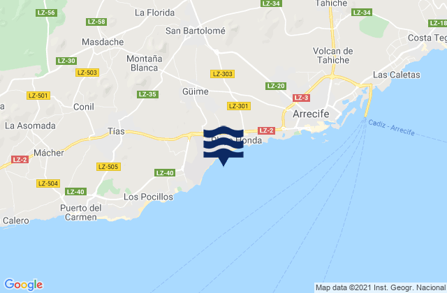 Mapa da tábua de marés em Lanzarote, Spain