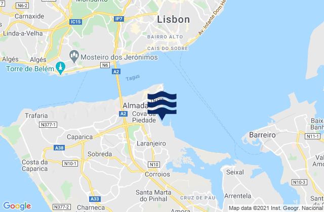 Mapa da tábua de marés em Laranjeiro, Portugal