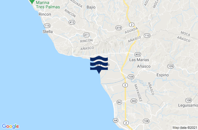 Mapa da tábua de marés em Las Marias, Puerto Rico