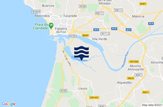 Mapa da tábua de marés em Lavos, Portugal