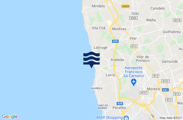 Mapa da tábua de marés em Lavra, Portugal