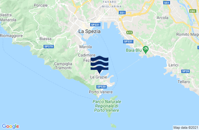 Mapa da tábua de marés em Le Grazie, Italy