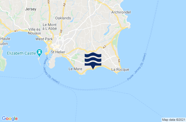 Mapa da tábua de marés em Le Hocq, Jersey