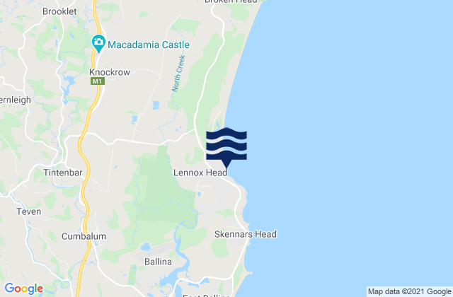 Mapa da tábua de marés em Lennox Head, Australia