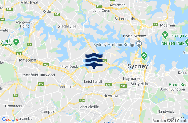 Mapa da tábua de marés em Lewisham, Australia
