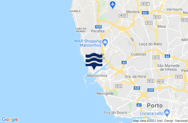 Mapa da tábua de marés em Leça da Palmeira, Portugal