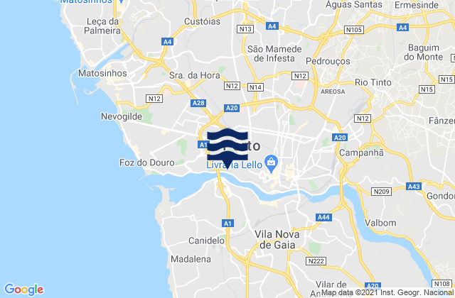 Mapa da tábua de marés em Leça do Bailio, Portugal