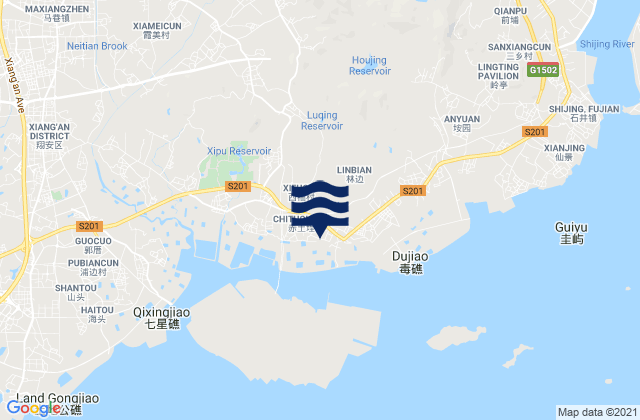 Mapa da tábua de marés em Lianhecun, China