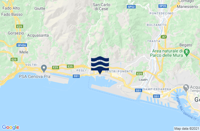 Mapa da tábua de marés em Liguria, Italy