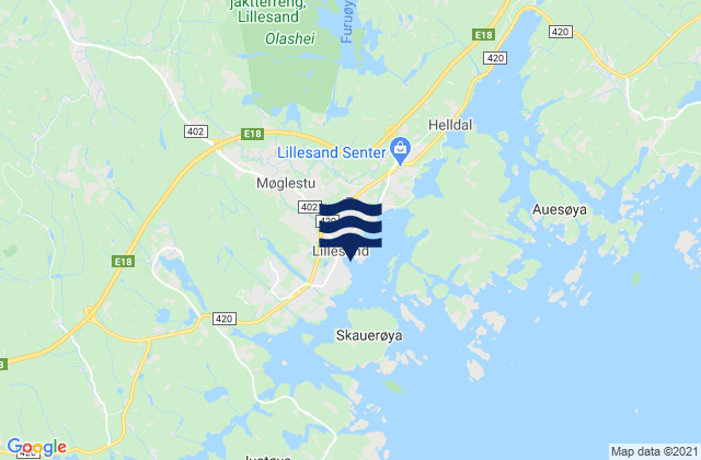 Mapa da tábua de marés em Lillesand, Norway