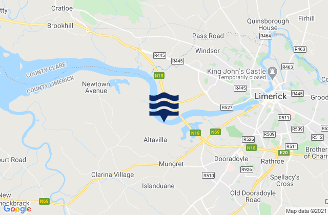 Mapa da tábua de marés em Limerick Harbour, Ireland