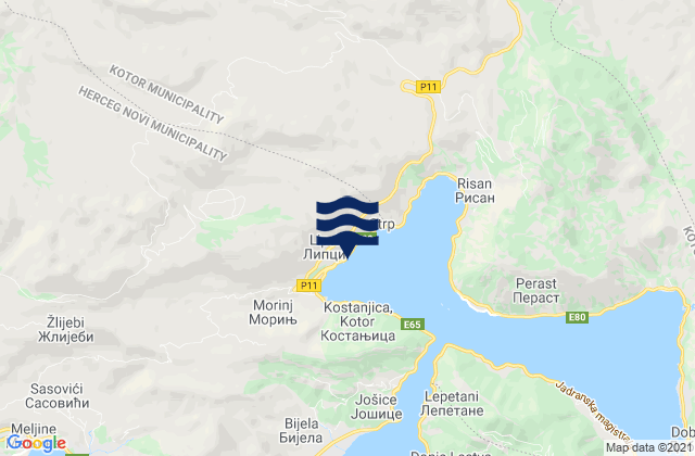 Mapa da tábua de marés em Lipci, Montenegro