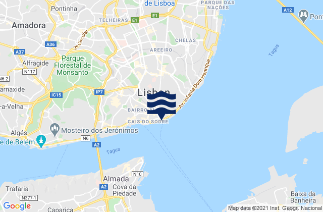 Mapa da tábua de marés em Lisboa, Portugal