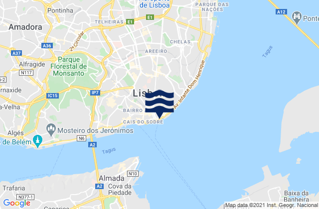 Mapa da tábua de marés em Lisbon, Portugal