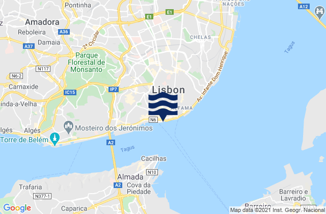 Mapa da tábua de marés em Lisbon, Portugal