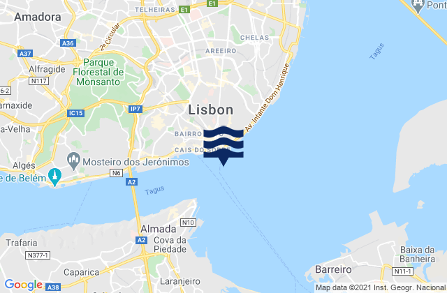 Mapa da tábua de marés em Lisbon Tagus River, Portugal