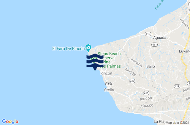 Mapa da tábua de marés em Little Malibu (Rincon), Puerto Rico