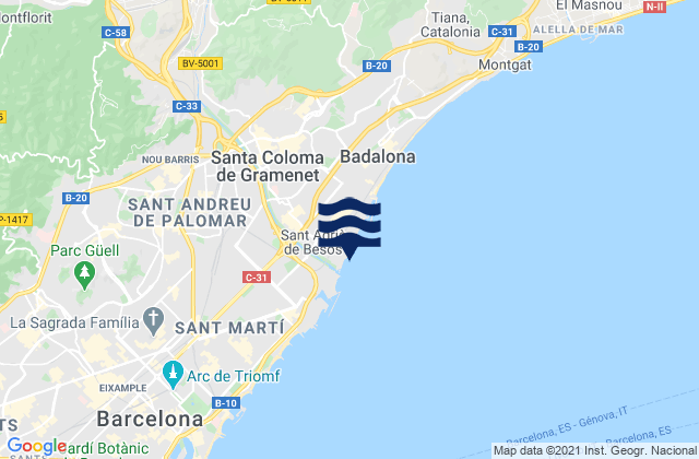 Mapa da tábua de marés em Llefià, Spain