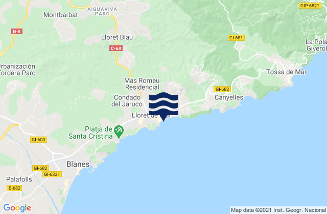 Mapa da tábua de marés em Lloret de Mar, Spain