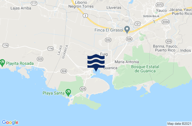 Mapa da tábua de marés em Lluveras, Puerto Rico