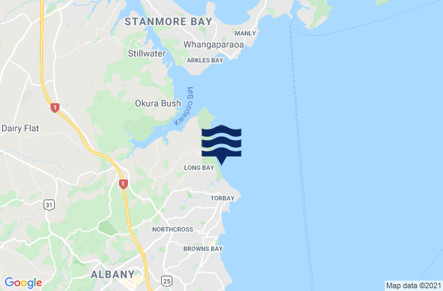 Mapa da tábua de marés em Long Bay, New Zealand