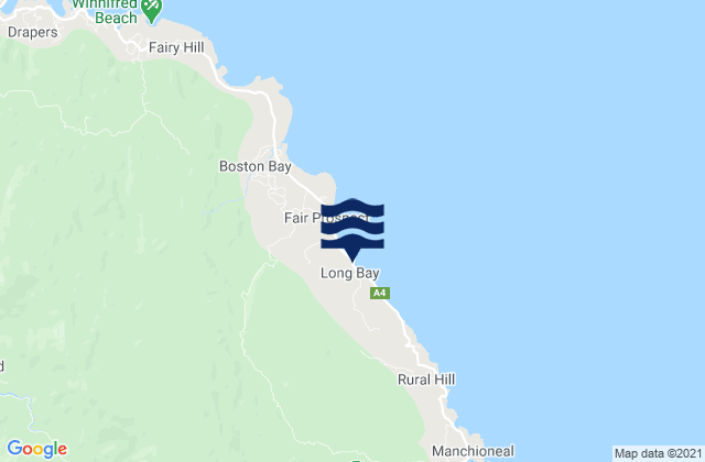 Mapa da tábua de marés em Long Bay, Jamaica