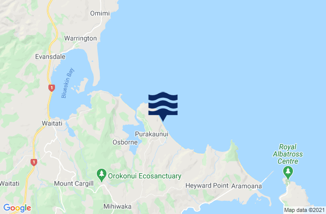 Mapa da tábua de marés em Long Beach, New Zealand