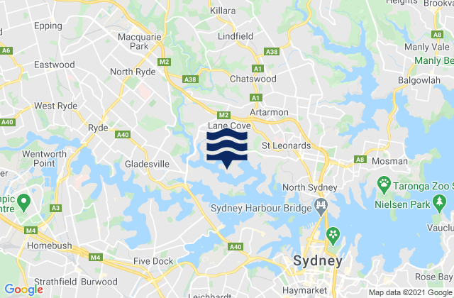 Mapa da tábua de marés em Longueville, Australia