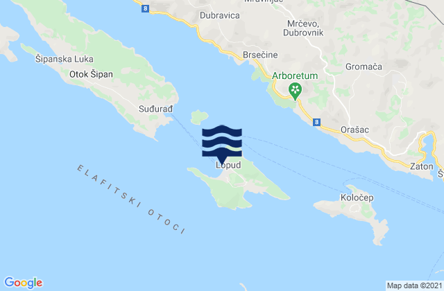 Mapa da tábua de marés em Lopud, Croatia